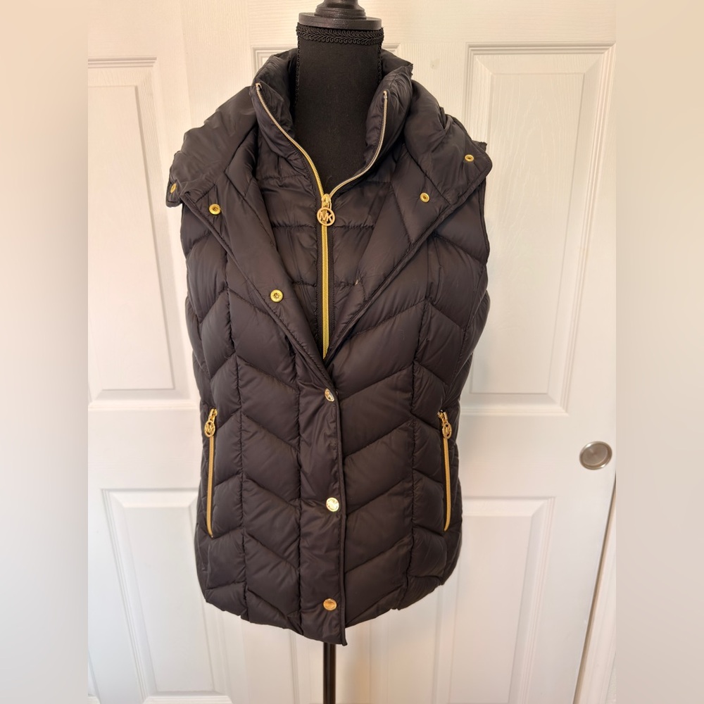 Michael Kors Black Puffer Vest with Gold Accents